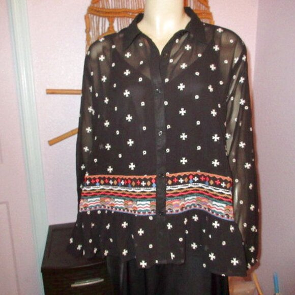 Vintage Y2K Sheer Mesh Embroidered Tunic Top Size XL Button Up Ruffle Whimsigoth - Picture 1 of 14